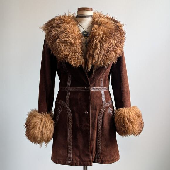 Vintage Brown Suede Penny Lane Jacket Groovy Fur Coat 70s Leather Western Medium - Picture 1 of 15